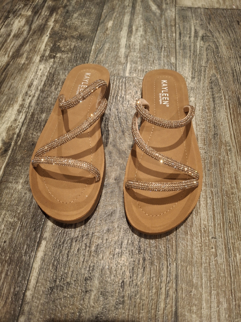 KAYLEEN By Los Angeles Rose Gold Crystal Strappy Slide Sandals